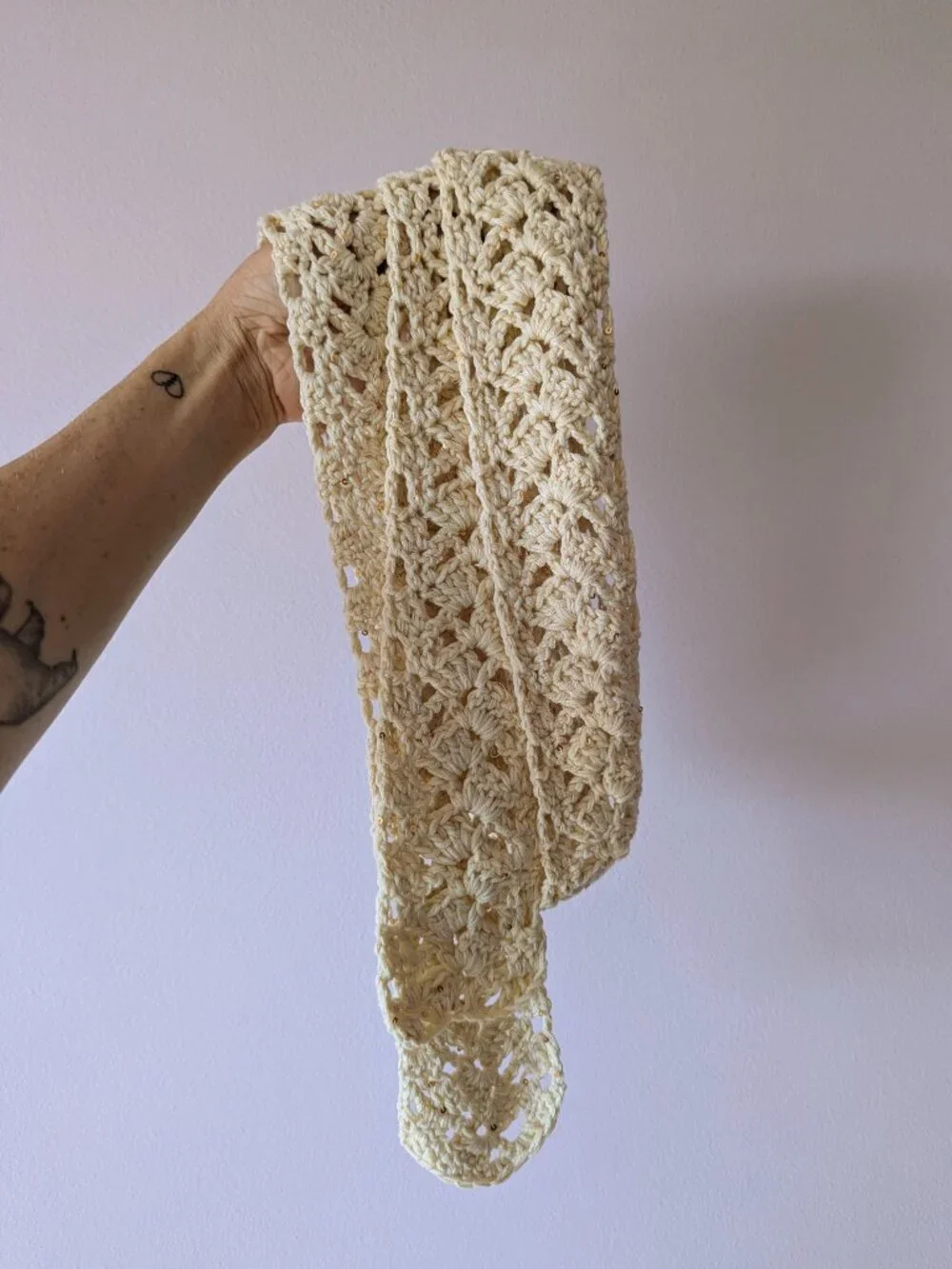 Handmade Crochet Lace Sequin Skinny Scarf Extra Long Linen Cream Gold